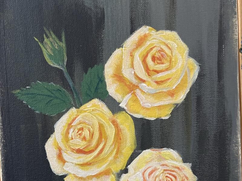Acrylic painting of three yellow roses on a dark background, from the Wednesday evening acrylic course
