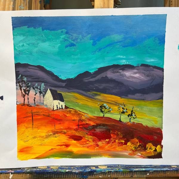 Bold acrylic landscape with red fields