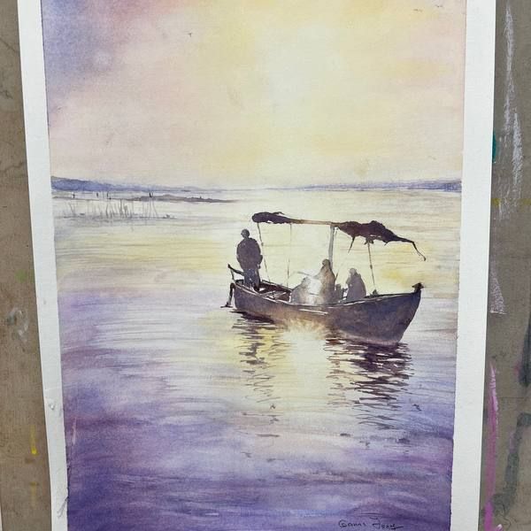 Watercolour of a boat on a lake at sunset