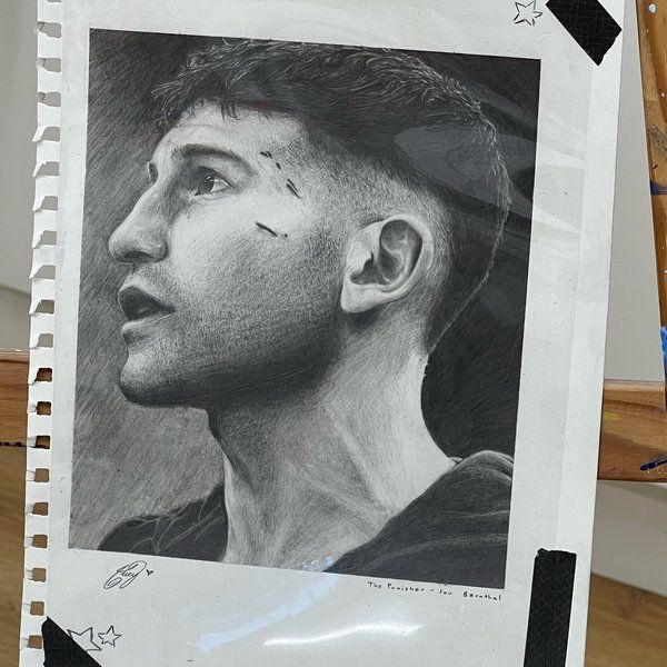 Graphite pencil portrait of an actor in profile, drawn from a reference photo by a Teen Creative Programme student