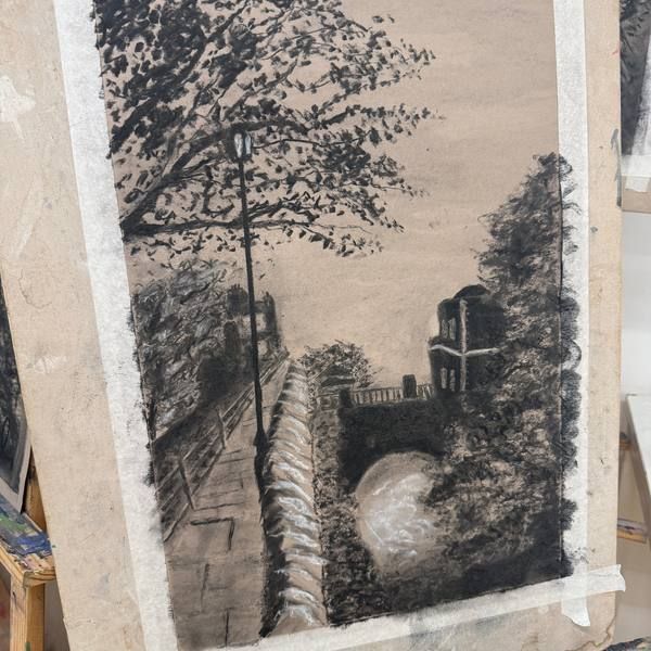 Charcoal drawing of a woodland path