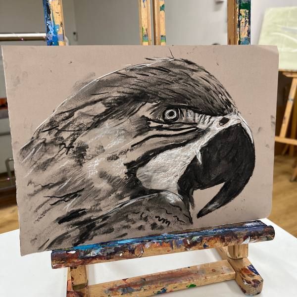 Charcoal drawing of a parrot on an easel