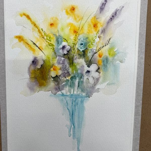 Watercolour of yellow and blue flowers in a vase