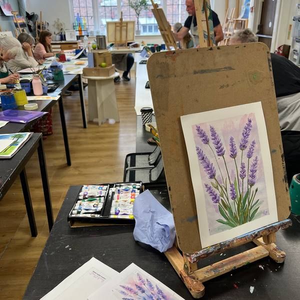 Watercolour of lavender on a studio easel
