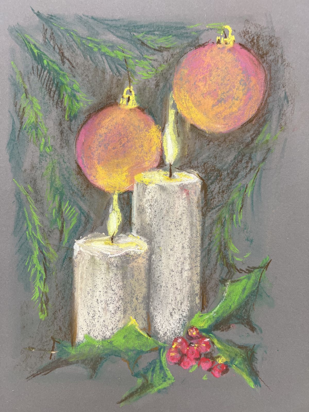 A student’s festive still life of glowing candles, red baubles and holly