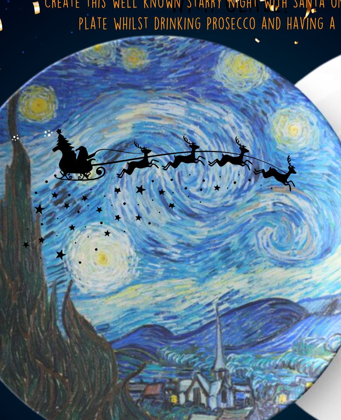 A ceramic plate painted with a Van Gogh-style starry night sky and Santa’s sleigh